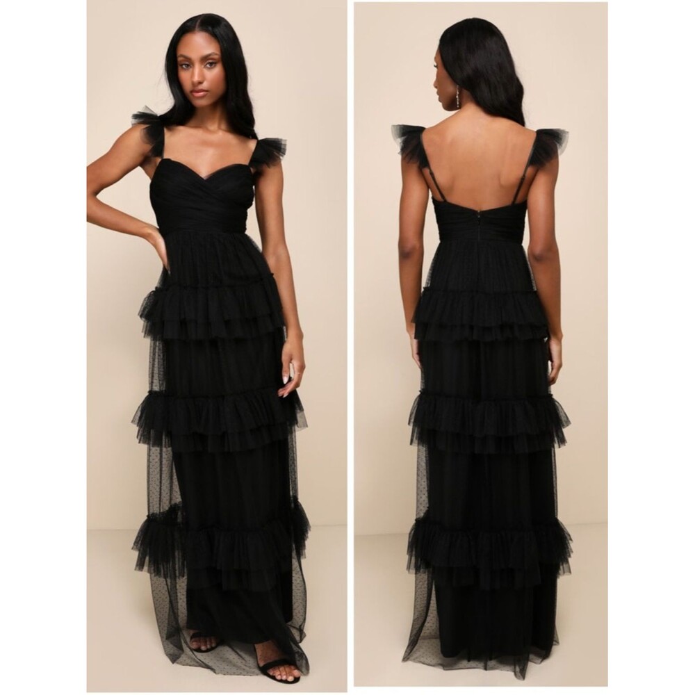 Lulus Pure Radiance Black Mesh Swiss Dot Tier Maxi Dress Size medium Whimsigoth